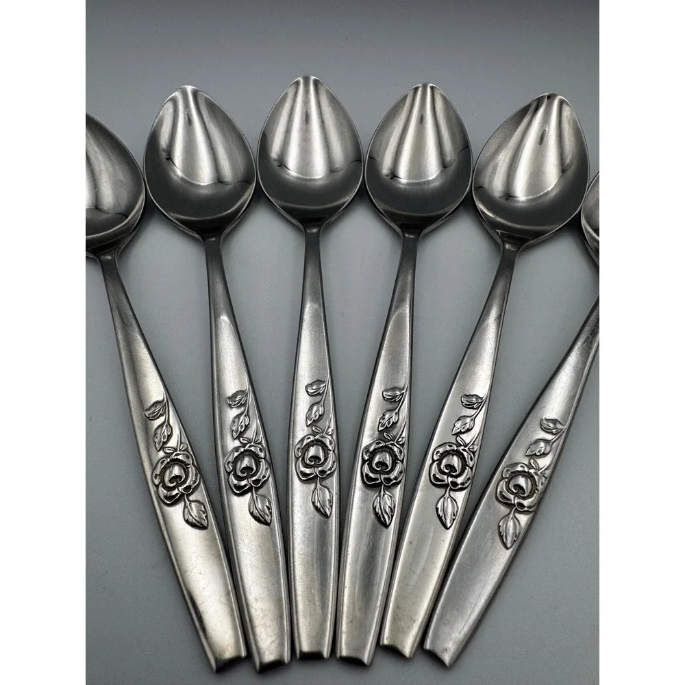 6 Vintage Oneida 1881 Rogers Our Rose Stainless Oval Soup Tablespoons S.S.S.